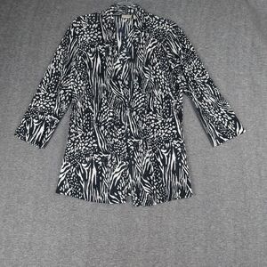EASY WEAR BY CHICOS WOMEN BLACK WHITE CRINKLE GEOMETRIC PRINT OPEN FRONT CARDI L